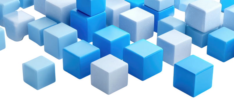 An array of blue and white 3D cubes stacked and angled, bottom-justified on a black background