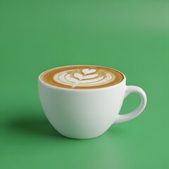 A white ceramic cup filled with coffee featuring latte art in the shape of a heart against a vibrant green background