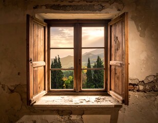 A weathered window frames a scenic outdoor vista of rolling hills, trees, and a sunset sky, with open wooden shutters
