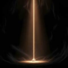 A dramatic and mysterious scene featuring a glowing vertical beam of light descending onto a reflective surface with swirling smoke and particles in a dark background