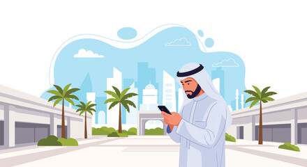 Flat vector Middle Eastern man in thobe checking smartphone while standing outdoors near palm-lined walkway. Solid colors, no gradients, modern cultural lifestyle concept