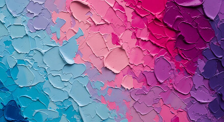 Thick impasto oil paint texture with vibrant pink purple and blue hues abstract background