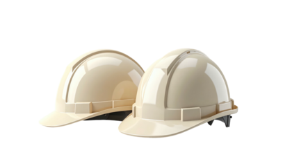 Two beige hard hats sit side-by-side against a plain, black background. Studio lighting highlights the smooth surfaces