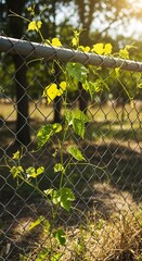 Vibrant green and yellow vine leaves growing through a metal chain-link fence in an outdoor setting with sunlight filtering through
