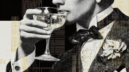 Toast of Elegance: A refined figure in formal attire savoring a champagne from a delicate coupe, embodies sophistication and celebration in a stylized, artistic render.