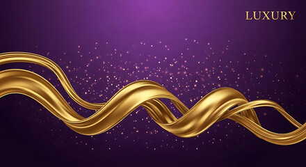 Golden ribbon flowing with sparkling particles on a deep purple background fabric silk
