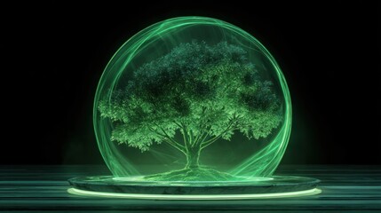 A green and a red tree inside a glass sphere, with a green light shining through the glass, creating a glowing effect. The background is dark, and the tree is the main focus.