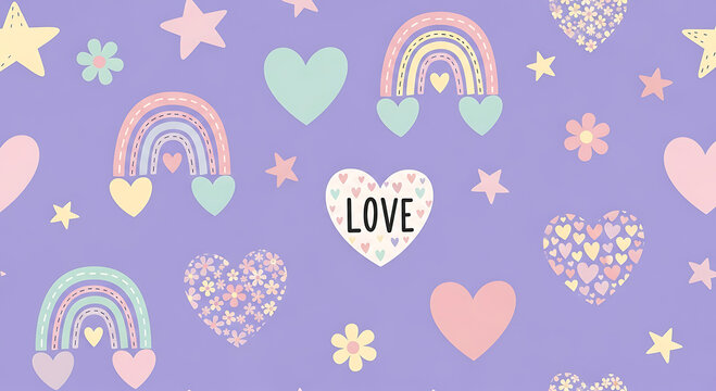 Pastel rainbows hearts and stars scattered on a lavender background flower