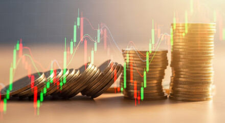 Financial Growth and Investment Strategy A Visual Representation of Increasing Wealth with Stacked Coins and a Bullish Stock Market Chart for Long Term Success