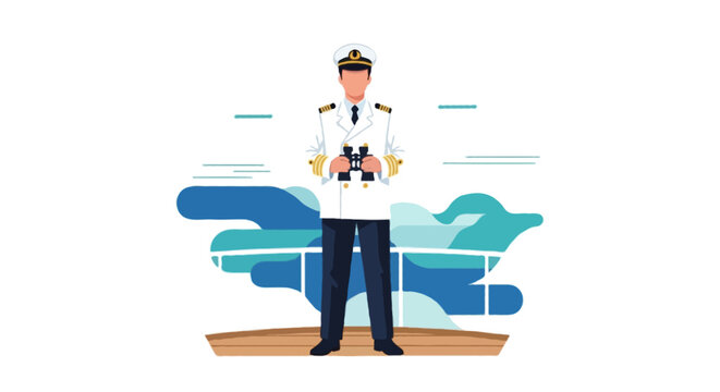 Flat vector faceless ship captain standing confidently on deck, wearing white captain uniform, hat, and shoulder stripes, holding binoculars