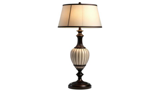 Ornate table lamp with a cream shade, brown base, glowing bulb. A classic indoor lighting fixture on a dark backdrop