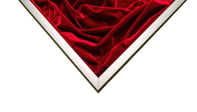 Triangle frame filled with draped, richly red velvet, viewed against a dark black background