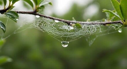 Close-up of a dew-covered spider web hanging between green leaves in a natural outdoor setting during daytime