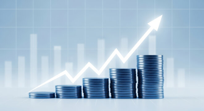 Ascending Stacks of Coins with a Rising Arrow Overlay, Illustrating Financial Growth and Investment Success Against a Clean, Light Blue Backdrop