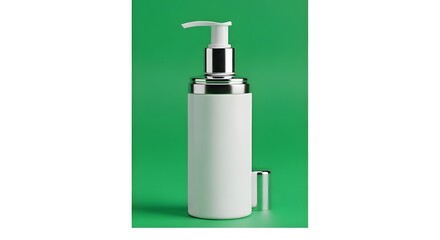 A sleek white pump dispenser bottle with a silver pump and small handle on a vibrant green background, suitable for skincare or cosmetic products