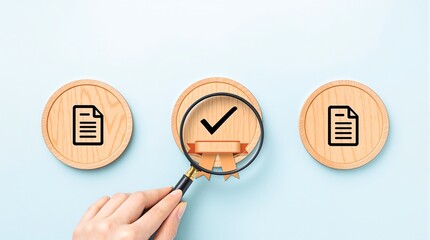 Document quality control checklist with magnifying glass for audit and standard compliance process