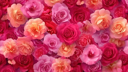 Fototapeta premium A vibrant display of pink and red roses, with a background of soft, blurred greenery, creating a serene and romantic atmosphere.