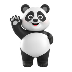 Naklejka premium Whimsical 3D cartoon panda character waving hello isolated on a transparent background with soft lighting creating a friendly and approachable presence