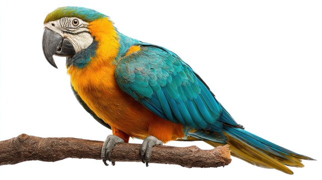 A colorful parrot perched on a branch, with its vibrant blue, yellow, and green feathers, against a white background.