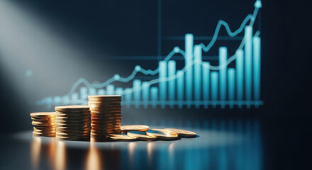 Financial Growth Chart with Gold Coins and Rising Graph Depicting Investment Success, Economic Progress, and Wealth Accumulation in a Dark Blue Setting
