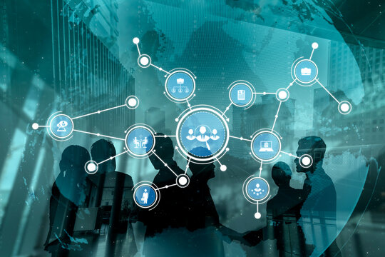 Visual representation of teamwork and communication within a modern business setting, highlighting connections through digital icons, silhouettes, and urban landscapes. Tessel