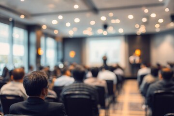 Blurred image of education people and business people sitting in conference room for profession seminar and the speaker is presenting new technology and idea sharing with the content activity.