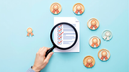 Quality control checklist with magnifying glass and awards for business process improvement audit review
