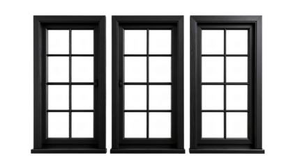Black triple window with symmetrical grid panes, openable side window, isolated on black background, minimal decor