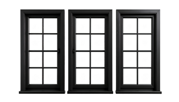 Black triple window with symmetrical grid panes, openable side window, isolated on black background, minimal decor