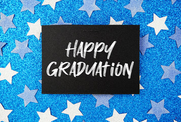 Happy Graduation Card on Blue Glitter Star Background