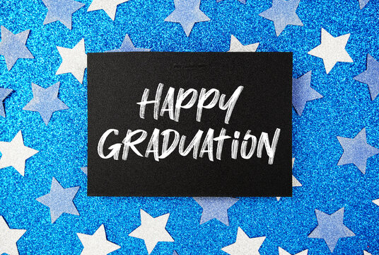 Happy Graduation Card on Blue Glitter Star Background