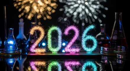 2026 New Year Celebration in a Laboratory - A celebratory featuring 2026 spelled out in sparkling lights amid laboratory beakers and colorful fireworks, symbolizing a bright future in science