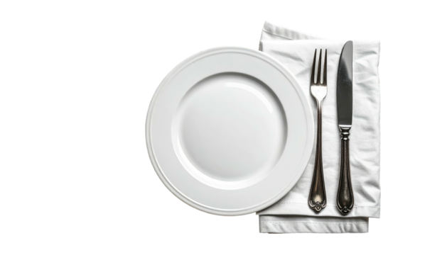 White plate and silver cutlery are placed on a folded white cloth against a black background - Powered by Adobe
