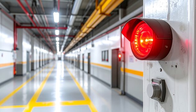 A hallway featuring a prominent red warning light, with pipes overhead. The depth of field highlights a long, industrial space with a yellow floor marking