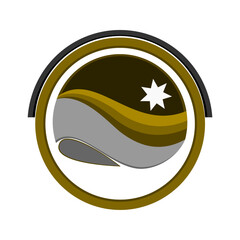 Stylish vector emblem featuring layered golden waves, a bright star, and smooth grey shapes inside a circular frame, representing creativity, harmony, and modern abstract design for microstock use.