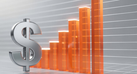Financial Growth and Success A Silver Dollar Sign Against a Backdrop of Rising Orange Bars Representing Economic Progress and Investment Opportunities in the Market