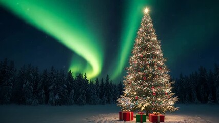 Decorated christmas tree under the aurora borealis in a snowy forest gifts at its base - Powered by Adobe