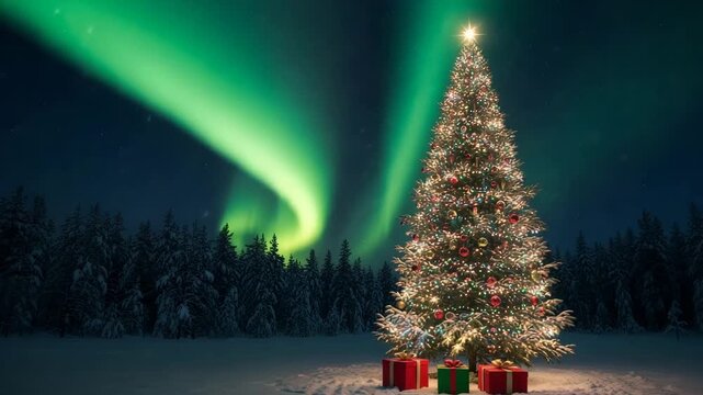 Decorated christmas tree under the aurora borealis in a snowy forest gifts at its base
