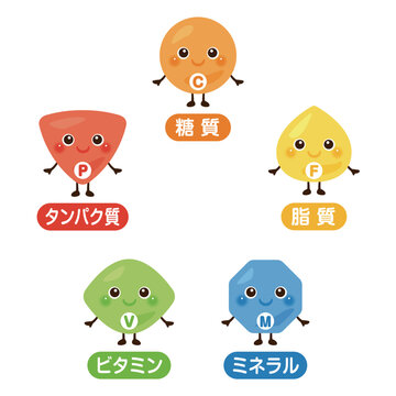 五大栄養素のキャラクターイラストセット　日本語／Character Illustration Set of the Five Essential Nutrients - Carbohydrates, Protein, Fat, Vitamins, and Minerals (Japanese Text)