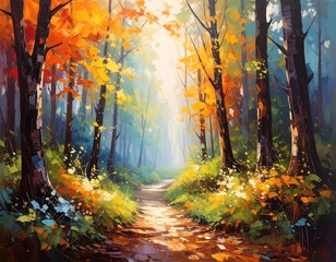 Naklejka premium A picturesque forest path ablaze with autumnal colors and soft light