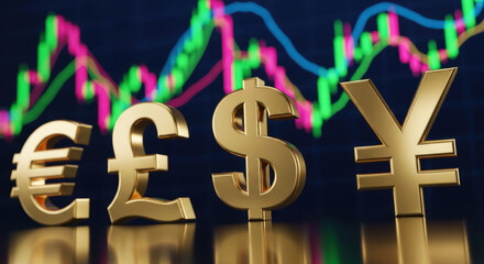 Financial Market Currency Symbols with Stock Market Chart Background Depicting Global Economy and Investment Opportunities for Traders and Investors Worldwide