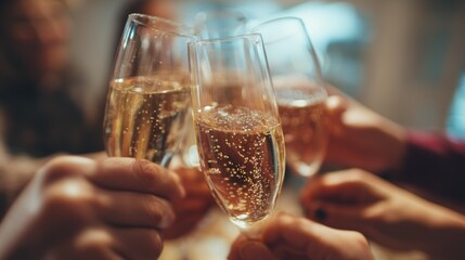 Four champagne glasses being raised in a toast, with a blurred background of people and a festive table setting.