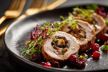 Gourmet turkey breast plated with gold leaf, microgreens, and cranberry sauce. Elegant Thanksgiving dinner, luxury fine dining, Michelin star holiday meal presentation
