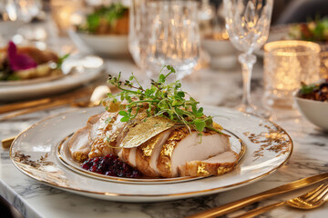Gourmet turkey breast plated with gold leaf, microgreens, and cranberry sauce. Elegant Thanksgiving dinner, luxury fine dining, Michelin star holiday meal presentation