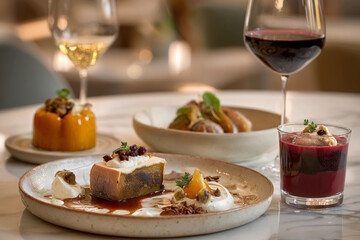 Gourmet turkey breast plated with gold leaf, microgreens, and cranberry sauce. Elegant Thanksgiving dinner, luxury fine dining, Michelin star holiday meal presentation