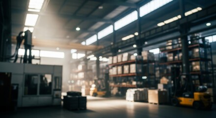 Fototapeta premium Blurred Warehouse Interior with Forklifts - Blurred shot of a busy warehouse interior filled with forklifts, shelves, and packed boxes