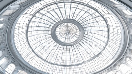 A large, circular glass dome with a spiral design, located in a grand, ornate building with intricate architecture. 