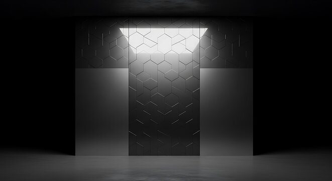 Empty square room with Luxury black high and low gradients wall on background, With geometric pattern