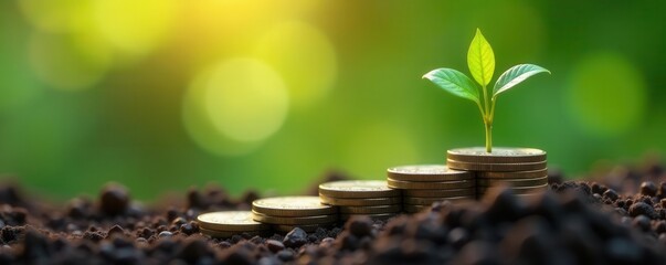 Growing plant on coin pile, financial prosperity, stability, currency