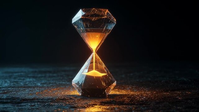 crystal hourglass glowing faintly in dark minimal scene, surreal time concept